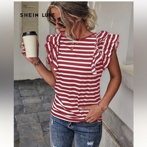 LIKE NEW SHEIN LUNE Striped Print Butterfly Sleeve Tee - Burgundy/White - Sz M